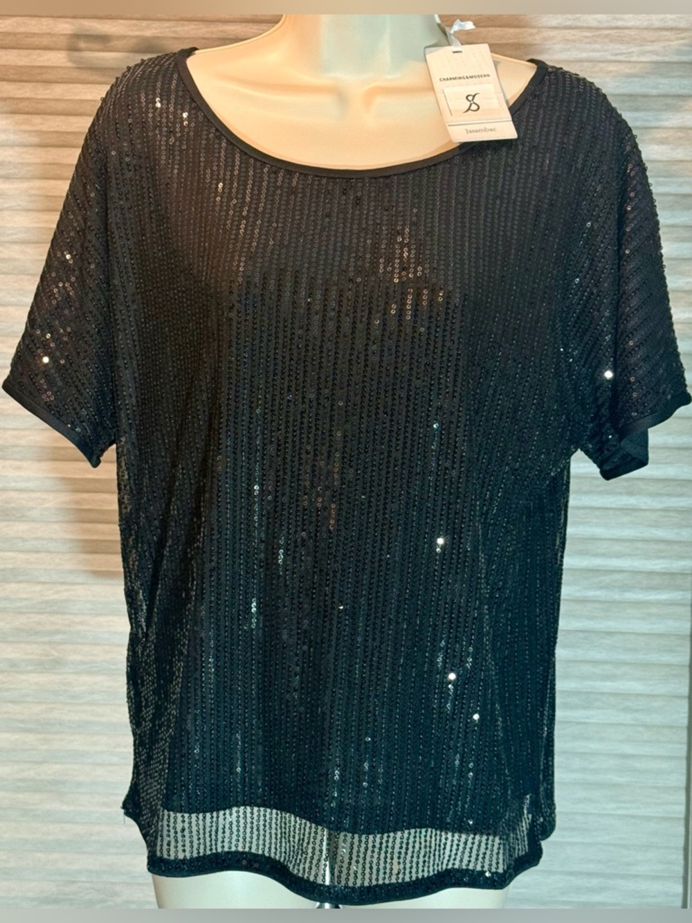 Jasambac Sequin Short-Sleeve Scoop Neck Top NWT